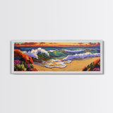 Ocean Curl, Autumn Surf, Sunset Beach, Floral Waves, Framed Canvas Print, Living Room Wall Art, Fall Coastal Painting, Bold Decor