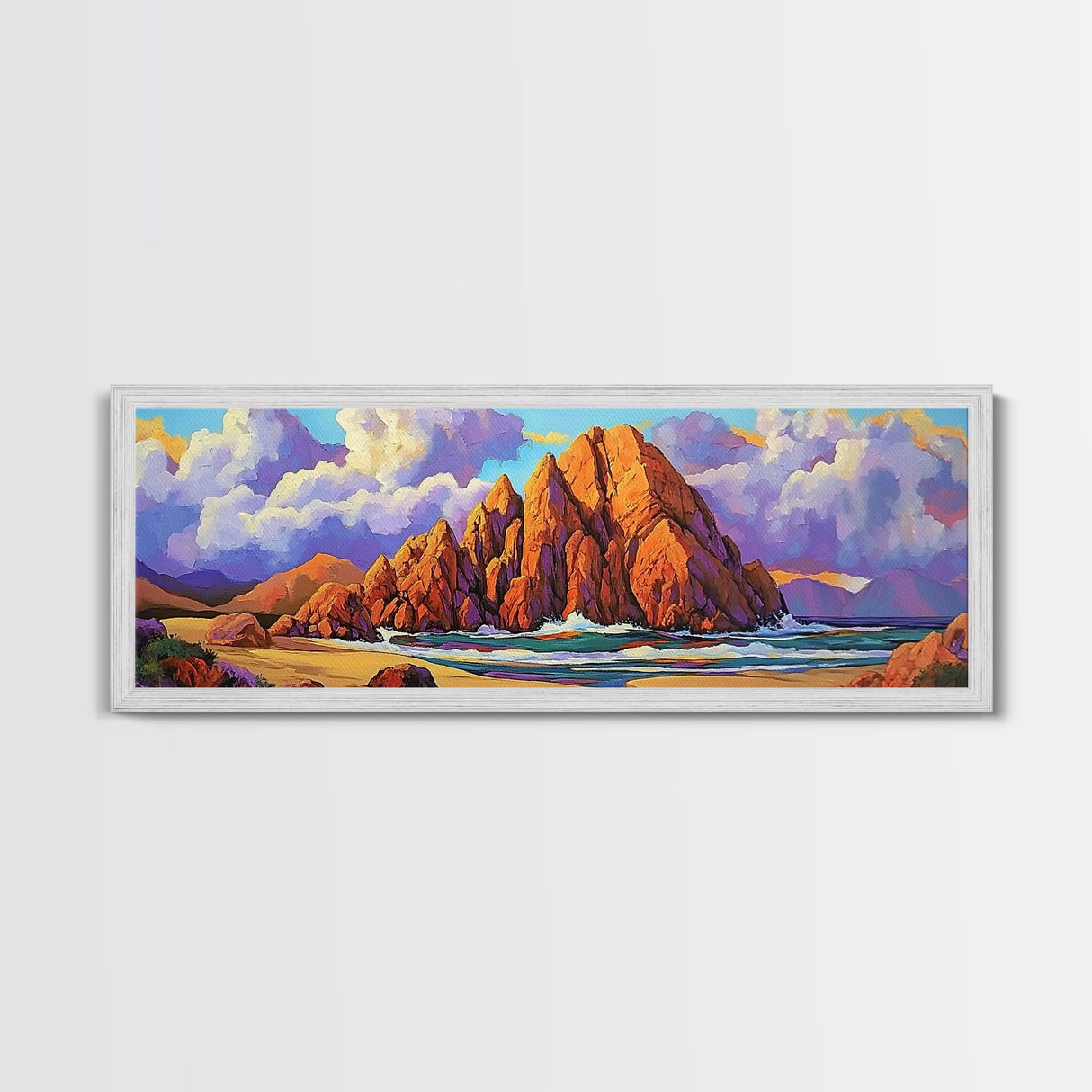 Rocky Beach Escape, Sunset Ocean View, Coastal Nature Art, Canvas Print, Tropical Wall Art, Bold Color Decor, Bedroom Seascape Art