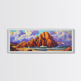 Rocky Beach Escape, Sunset Ocean View, Coastal Nature Art, Canvas Print, Tropical Wall Art, Bold Color Decor, Bedroom Seascape Art