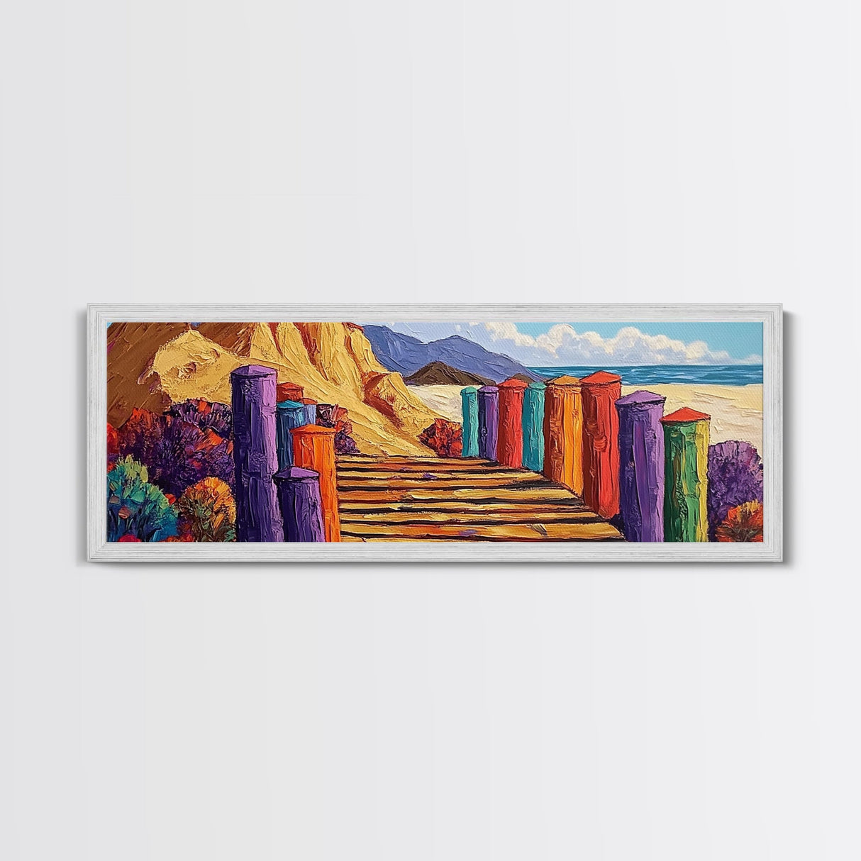 Colorful Cabins, Beach Path, Coastal Walkway, Vibrant Landscape, Canvas Print, Entryway Wall Art, Beach House Art, Bold Palette Decor