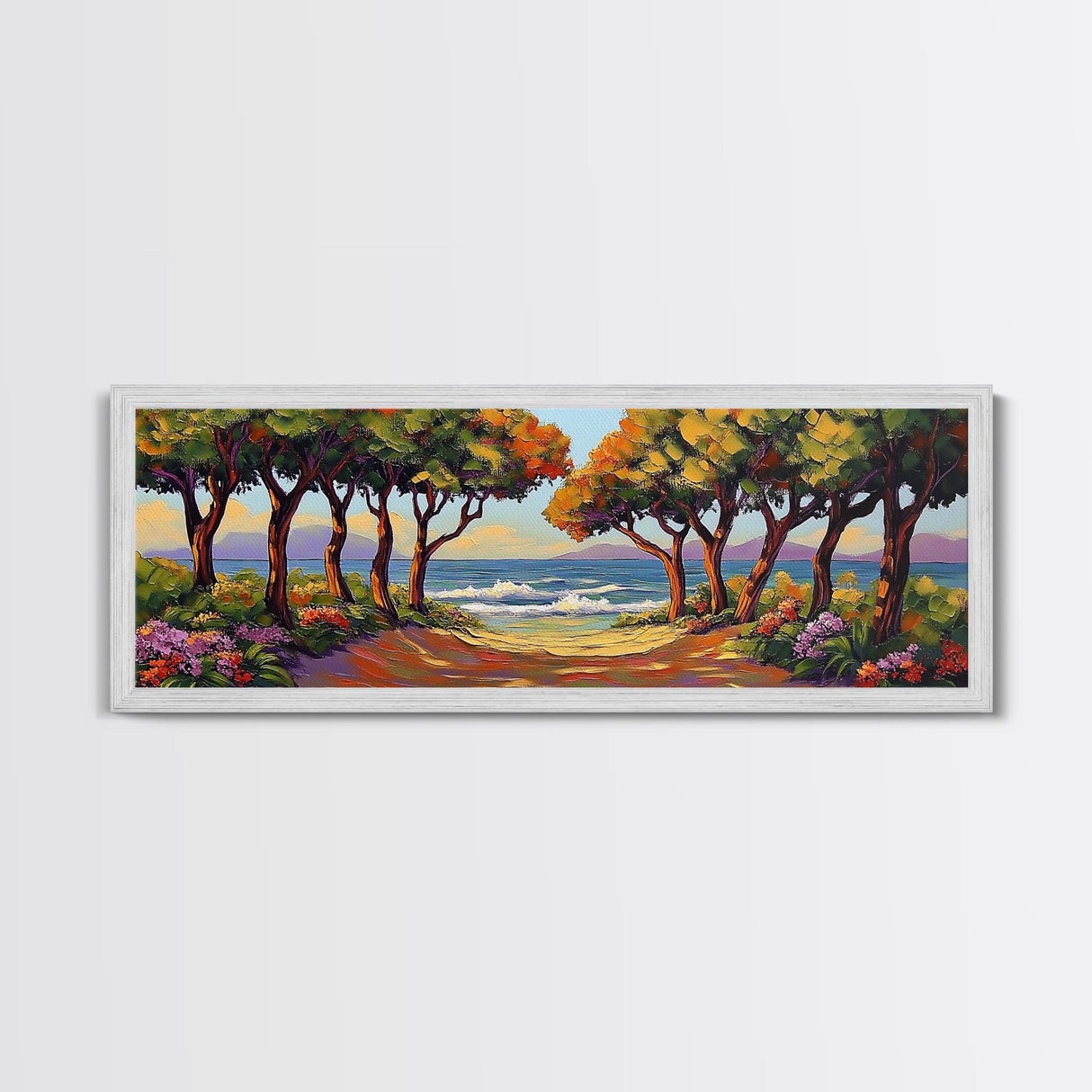 Coastal Trees, Ocean View, Beach Path, Vibrant Foliage, Framed Canvas Print, beach house decor, nature wall art, coastal living room style