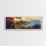Island Retreat, Ocean View, Palm Trees, Colorful Foliage, Framed Canvas Print, tropical wall art, boho living room accent piece