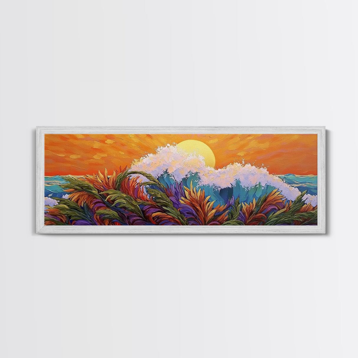 Sunset Wave, Colorful Spray, Ocean Burst, Warm Tones, Framed Canvas Print, surf-inspired bedroom art, coastal decor, tropical fall wall piece