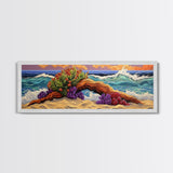 Driftwood Coast, Colorful Ocean, Beach Nature, Framed Canvas Print, Coastal Wall Art, Tropical Living Room Decor, Surreal Seascape Art