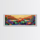 Lotus Bloom, Tranquil Pond, Sunset Flowers, Framed Canvas Print, Zen Wall Art, Yoga Studio Decor, Nature Inspired Floral Painting