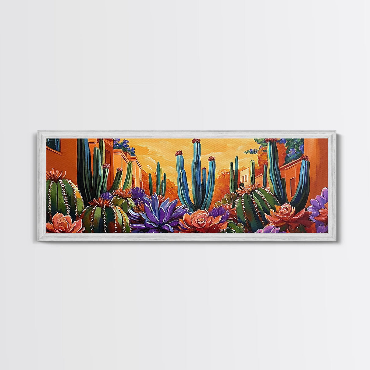 Desert Garden Magic, Colorful Cactus Landscape, Urban Nature Art, Framed Canvas Print, Living Room Southwest Decor, Boho Sunset Wall Art