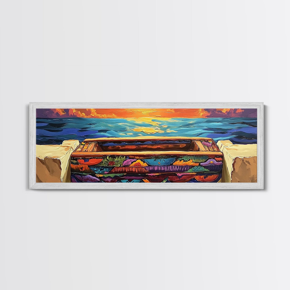 Sunset Pier, Ocean Horizon, Bold Seascape, Framed Canvas Print, Beach House Wall Art, Coastal Dining Room Decor, Vibrant Nautical Art