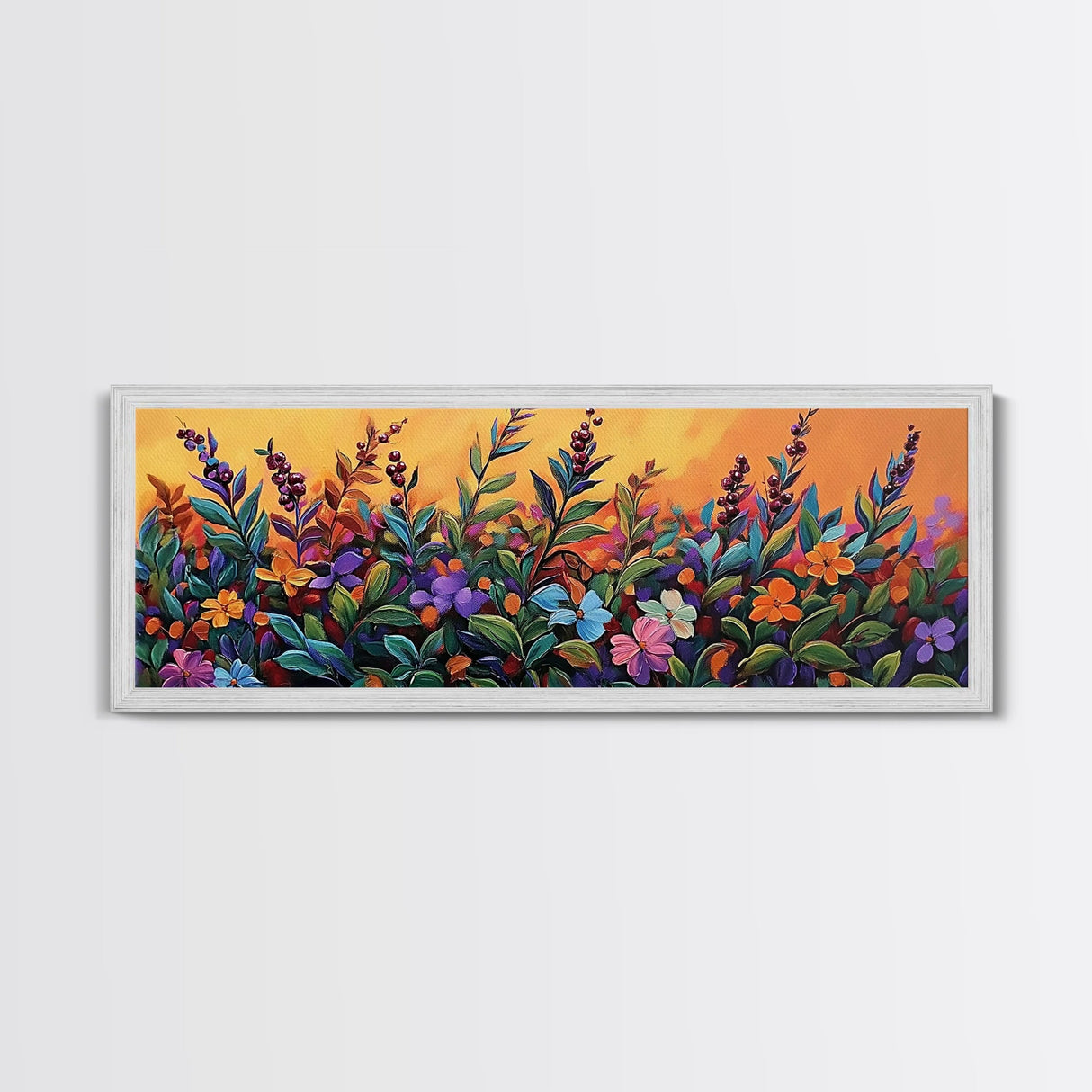 Autumn Garden Flowers, Orange Sky, Bold Leaves, Seasonal Blooms, Canvas Print, Fall Kitchen Wall Art, Botanical Color Pop