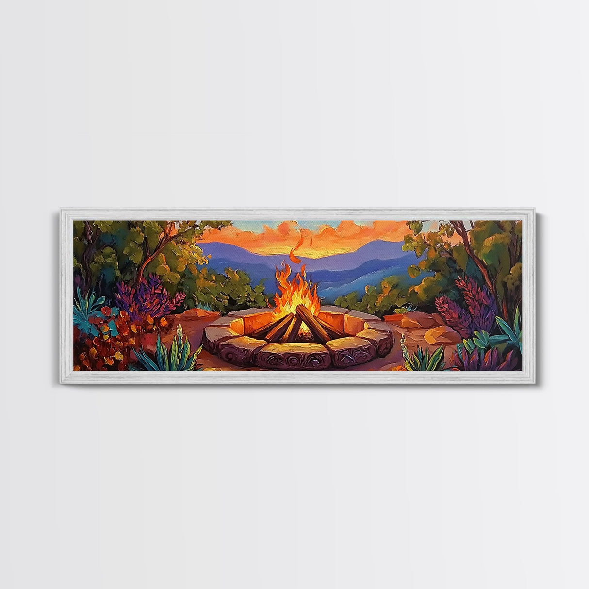 Mountain Campfire Glow, Forest Bonfire Scene, Sunset Wilderness Art, Canvas Print, Autumn Living Room Decor, Rustic Outdoor Vibe