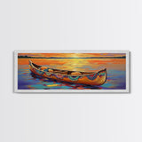 Sunset Lake Canoe, Peaceful Evening Art, Autumn Water Scene, Canvas Print, Rustic Cabin Wall Art, Colorful Lakehouse Decor