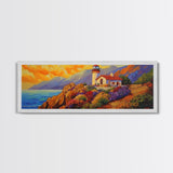 Lighthouse View, Ocean Sunset, Seaside House, Framed Canvas Print, Beach Coastal Decor, Nautical Living Room Art, Bold Color Art
