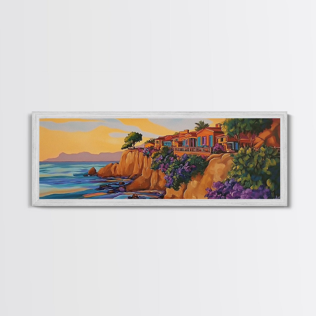 Seaside Villas, Coastal Cliff, Ocean Sunset, Framed Canvas Print, Beach House Art, Colorful Home Decor, Bold Tropical Landscape Art