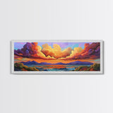 Sunset Waves, Vibrant Clouds, Mountain Sea View, Framed Canvas Print, Colorful Seascape Art, Moody Bedroom Decor, Ocean Landscape