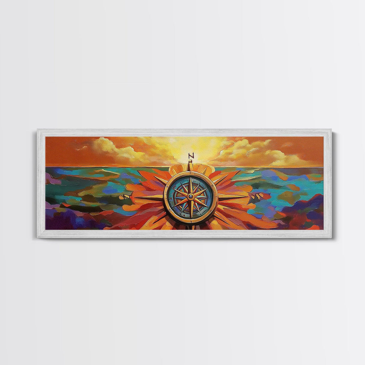 Compass Rose, Nautical Decor, Seafaring Art, Sunset Ocean, Framed Canvas Print, Beach House Art, Office Wall Art, Boho Travel Art