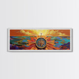 Compass Rose, Nautical Decor, Seafaring Art, Sunset Ocean, Framed Canvas Print, Beach House Art, Office Wall Art, Boho Travel Art