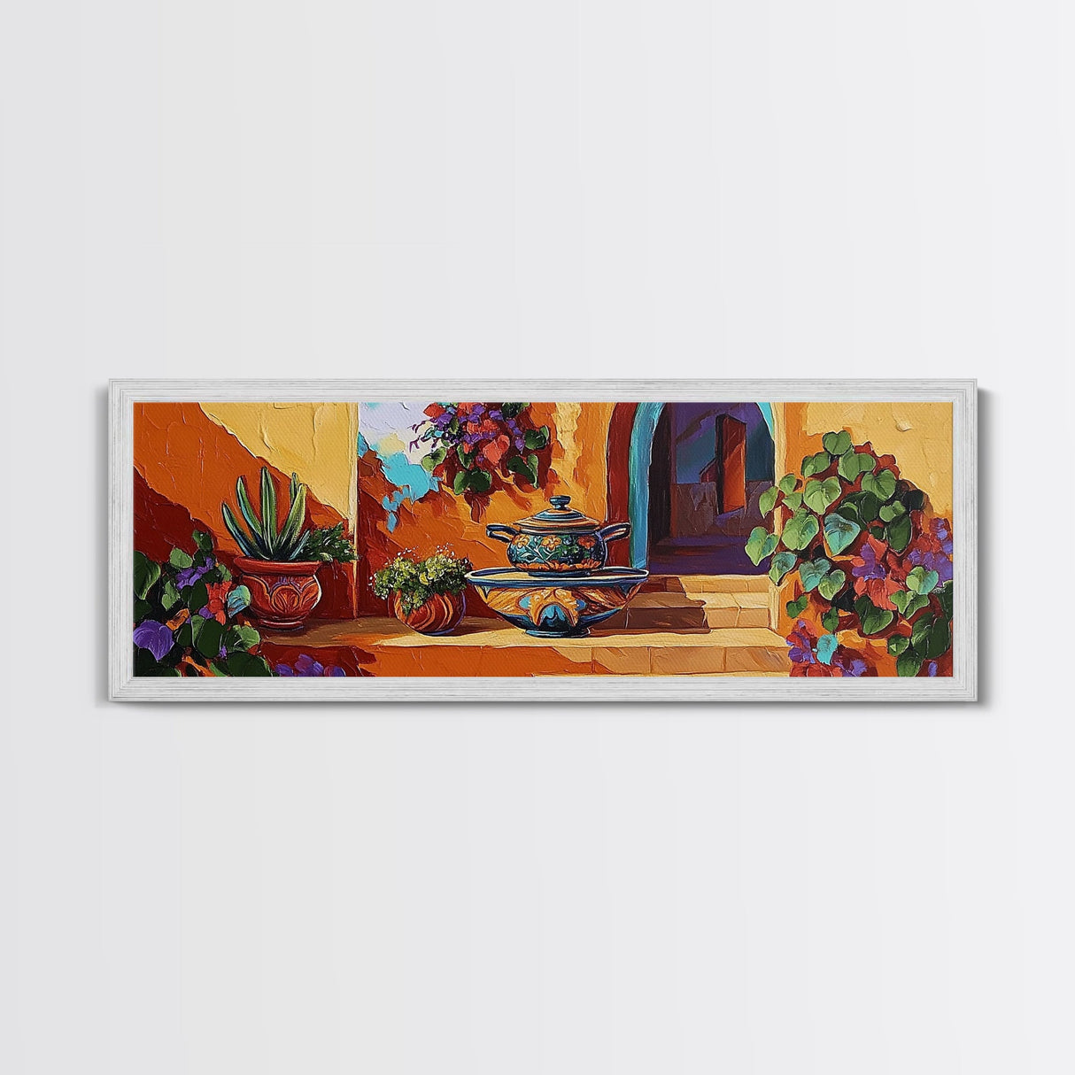 Mexican Pottery, Rustic Charm, Colorful Courtyard, Desert Plants, Framed Canvas Print, Kitchen Wall Art, Boho Decor, Spanish Style Art