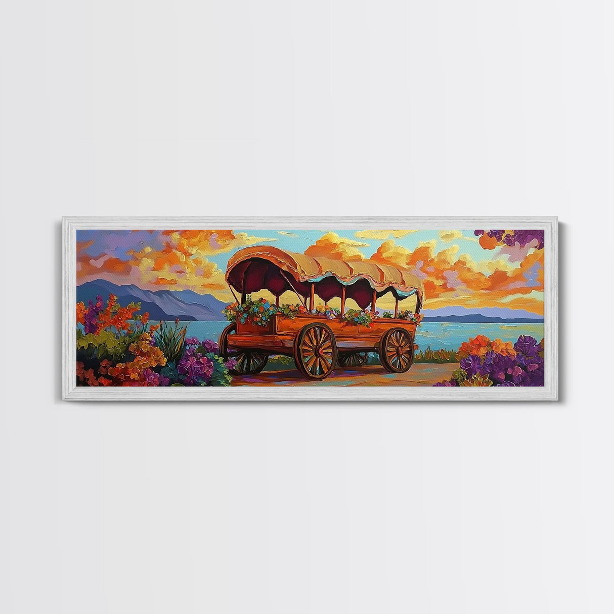 Flower Wagon, Sunset Trail, Wildflower Garden, Rustic Charm, Framed Canvas Print, Autumn Wall Art, Living Room Decor, Country Farmhouse Art