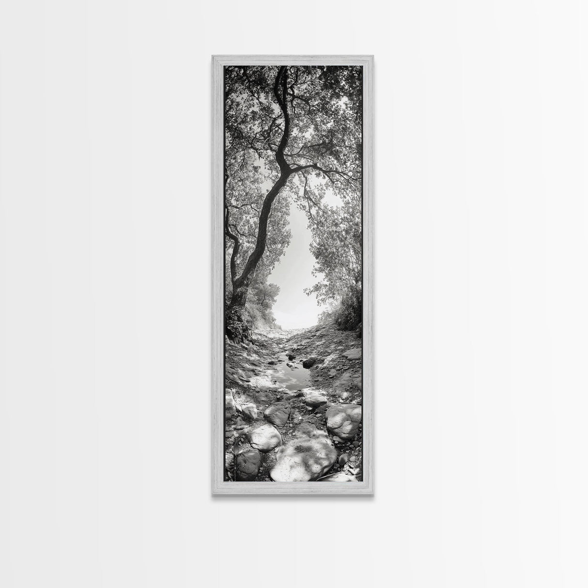 Forest Path, Rock Creek, Canopy Light, Calm Nature Scene, Canvas Print, Entryway Wall Art, Tranquil Minimalist Landscape Print