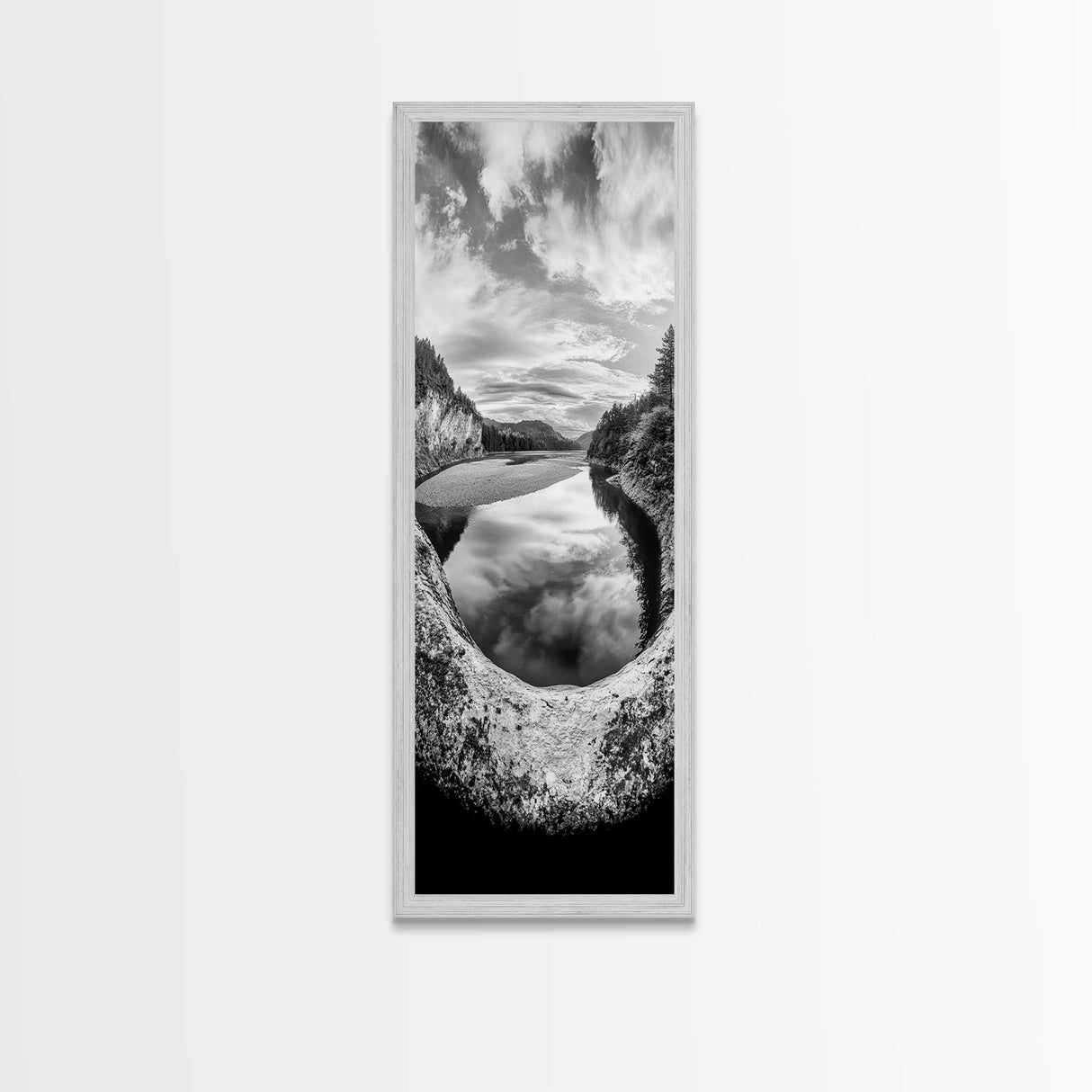 Black and White River, Forest Nature Scene, Reflection Wall Art, Framed Canvas Print, Neutral Landscape, Minimalist Bedroom Decor