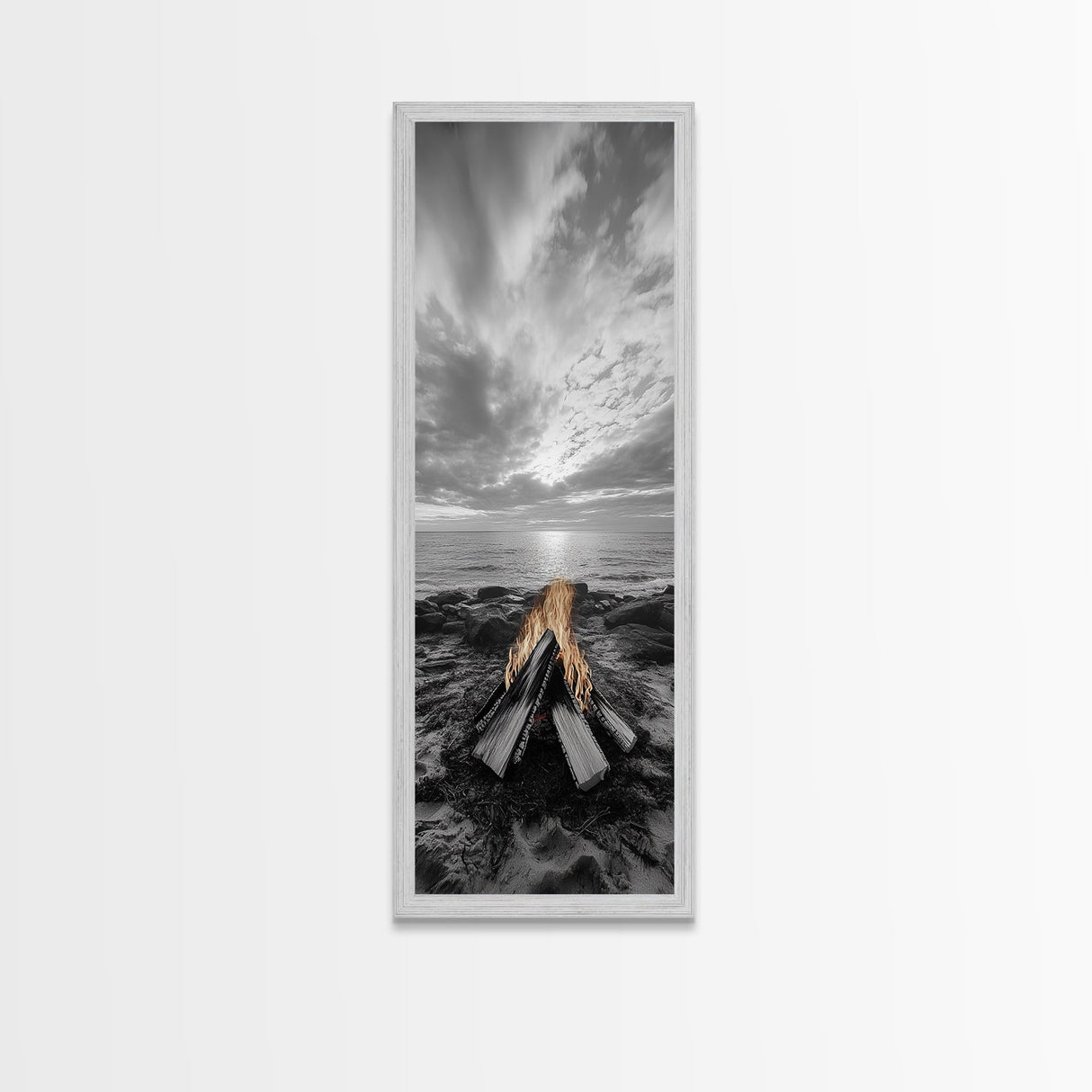 Beach Bonfire Glow, Coastal Campfire Art, Sunset Ocean Scene, Framed Canvas Print, Autumn Decor, Rustic Living Room Wall Art