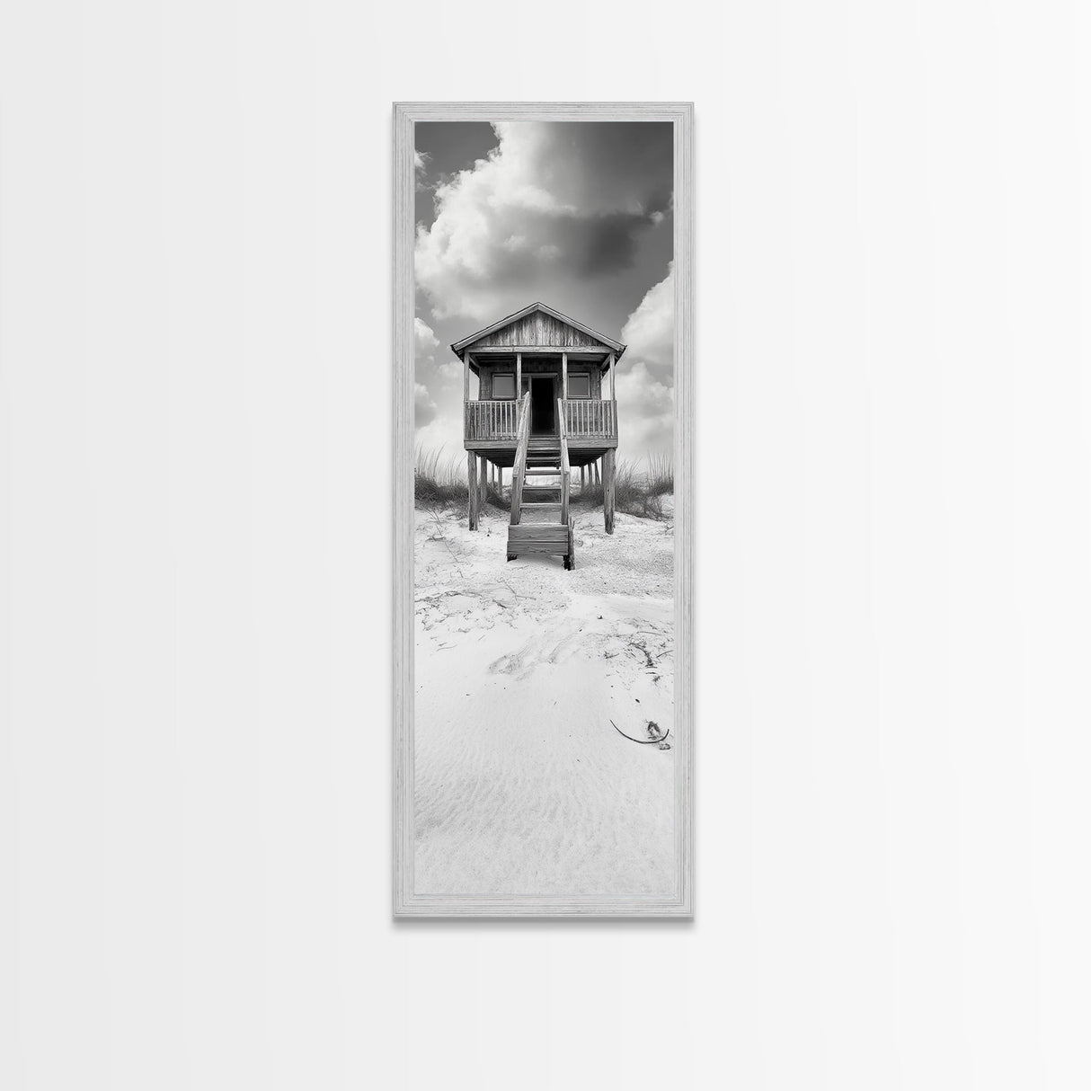 Beachfront Cabin, Rustic Shack, Seaside Simplicity, Cloudy Sky, Island Life, Framed Canvas Print, Entryway Wall Art, Coastal Farmhouse Decor