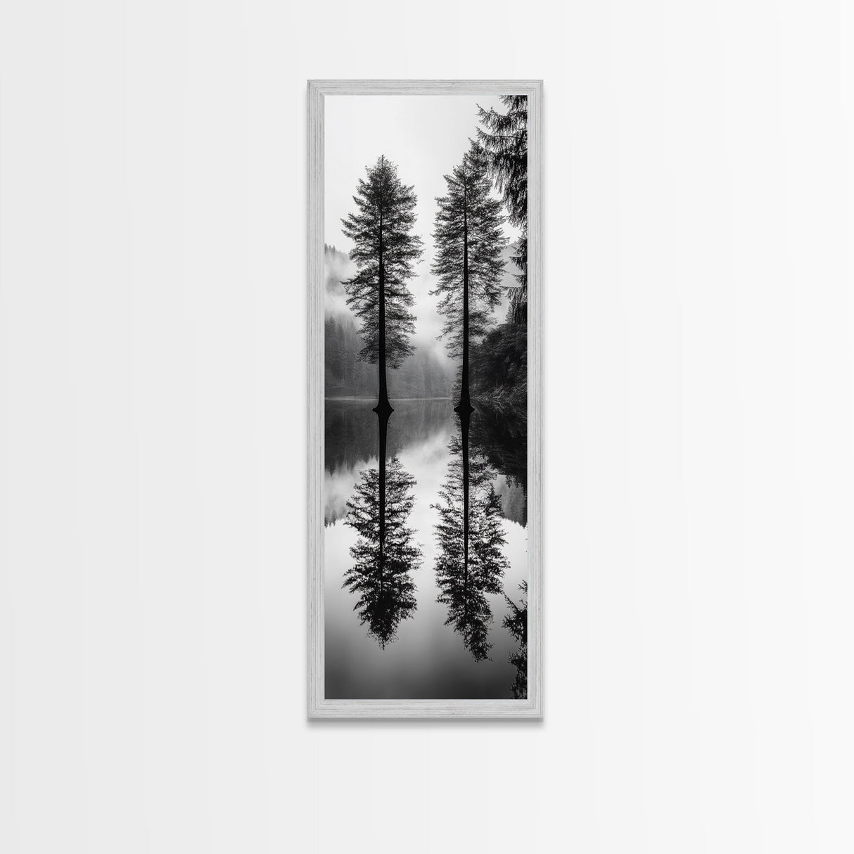 Twin Pines, Forest Reflection, Misty Lake, Black and White Nature, Framed Canvas Print, Living Room Wall Art, Nature Photography, Zen Decor