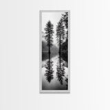 Twin Pines, Forest Reflection, Misty Lake, Black and White Nature, Framed Canvas Print, Living Room Wall Art, Nature Photography, Zen Decor