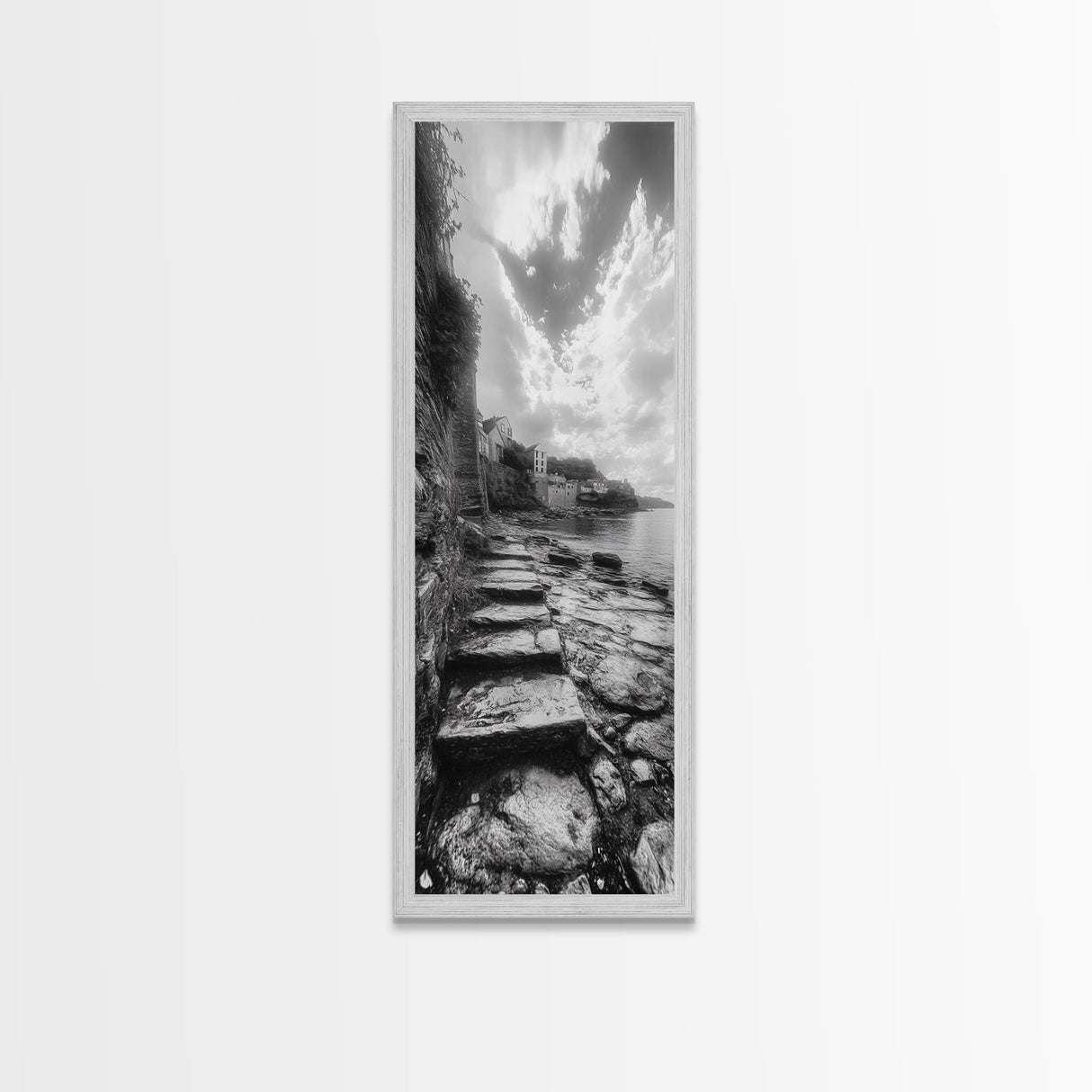 Cliffside Village, Stone Path, Seaside Escape, Dreamy Landscape, Canvas Print, Living Room Wall Art, Romantic Wall Decor, Monochrome Style