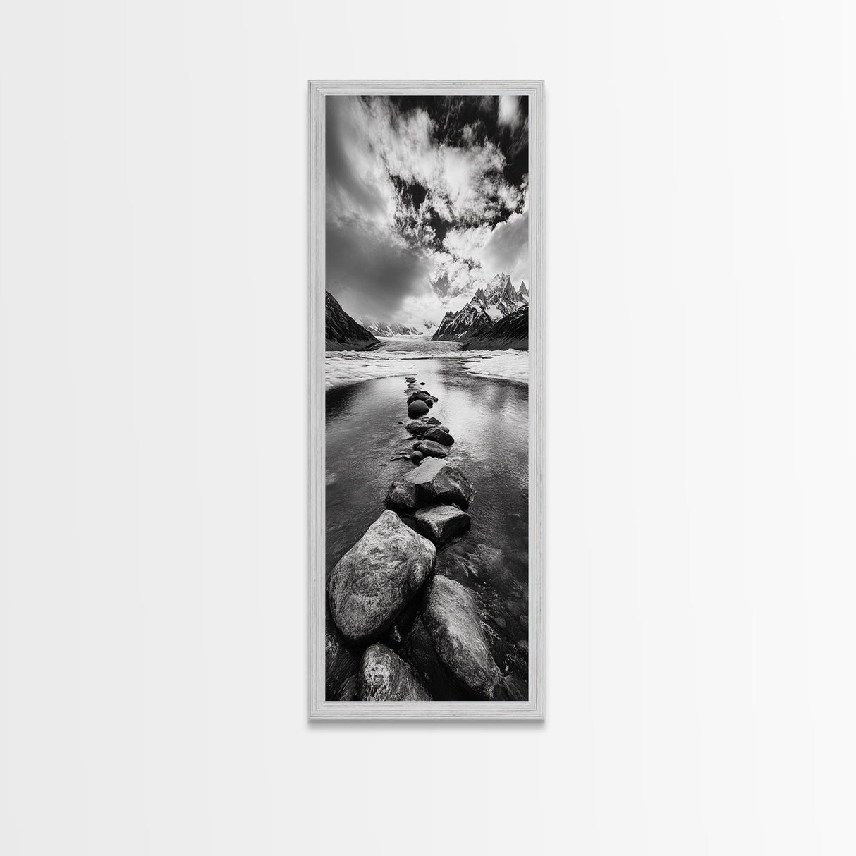 Mountain Stream, Stone Path, Black and White Nature, Scenic Landscape, Framed Canvas Print, Modern Cabin or Rustic Wall Decor, Office Art