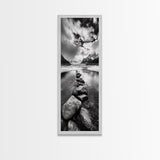 Mountain Stream, Stone Path, Black and White Nature, Scenic Landscape, Framed Canvas Print, Modern Cabin or Rustic Wall Decor, Office Art