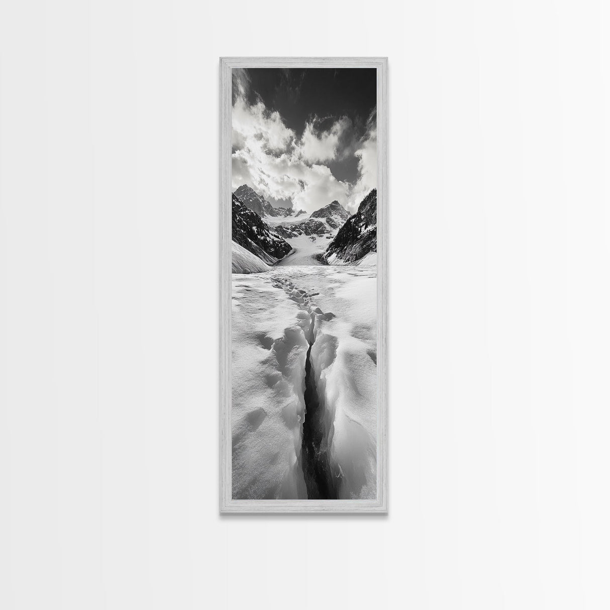 Glacier Trail, Snowy Valley, Black and White Mountain Art, Crevasse Texture, Canvas Print, Winter Landscape, Office Print, Entry Wall Art