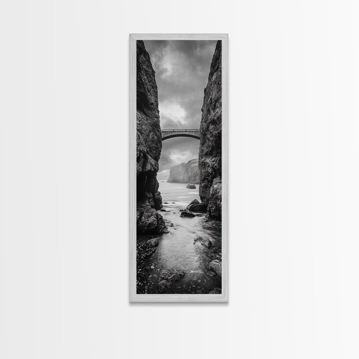 Sea Arch, Cliff Bridge, Coastal Landscape, Dramatic Ocean View, Black and White Framed Canvas Print, Bathroom Art, Hallway Wall Art