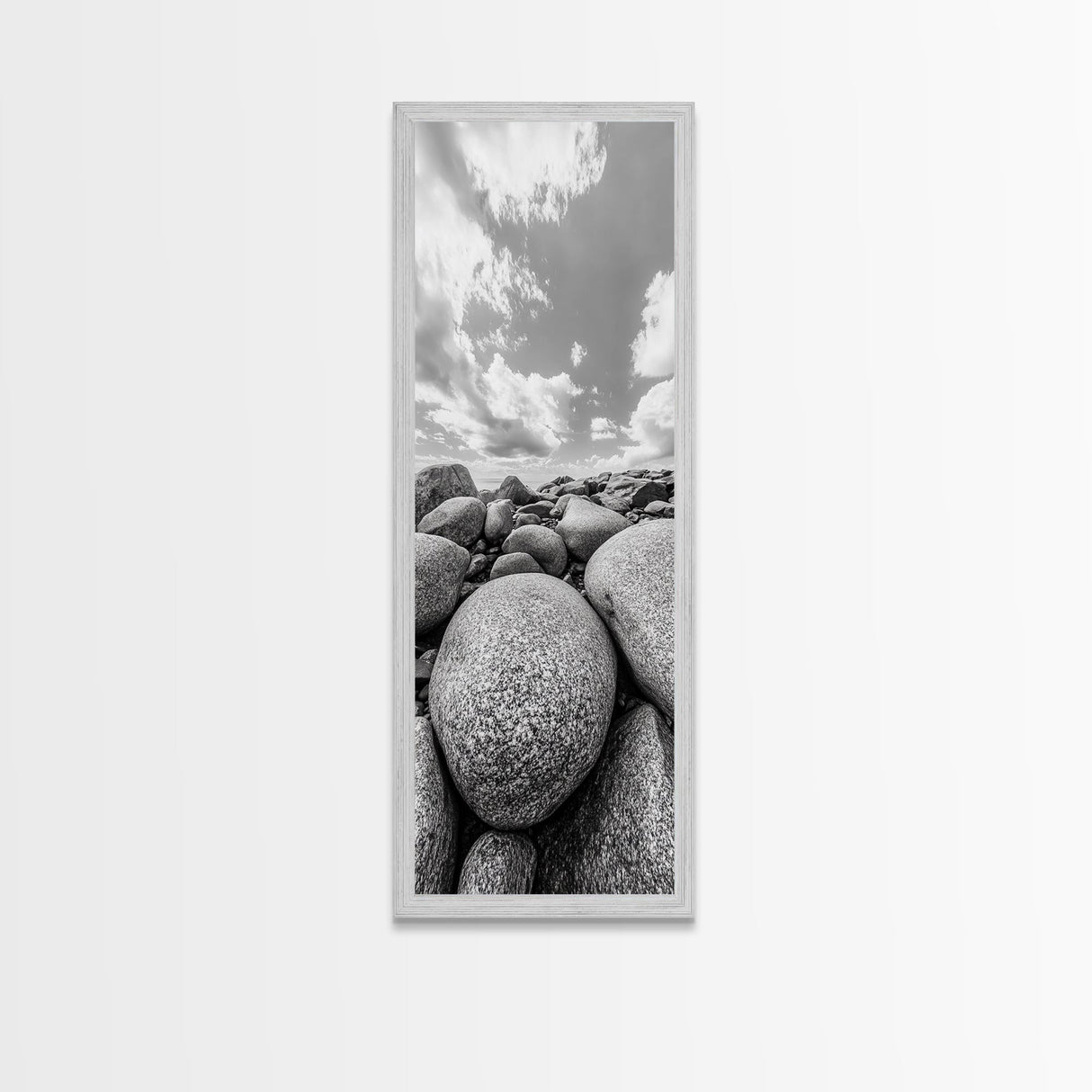 Granite Boulders, Coastal Rocks, Ocean Horizon, Dramatic Clouds, Framed Canvas Print, Nature Wall Art, Modern Beach House Decor