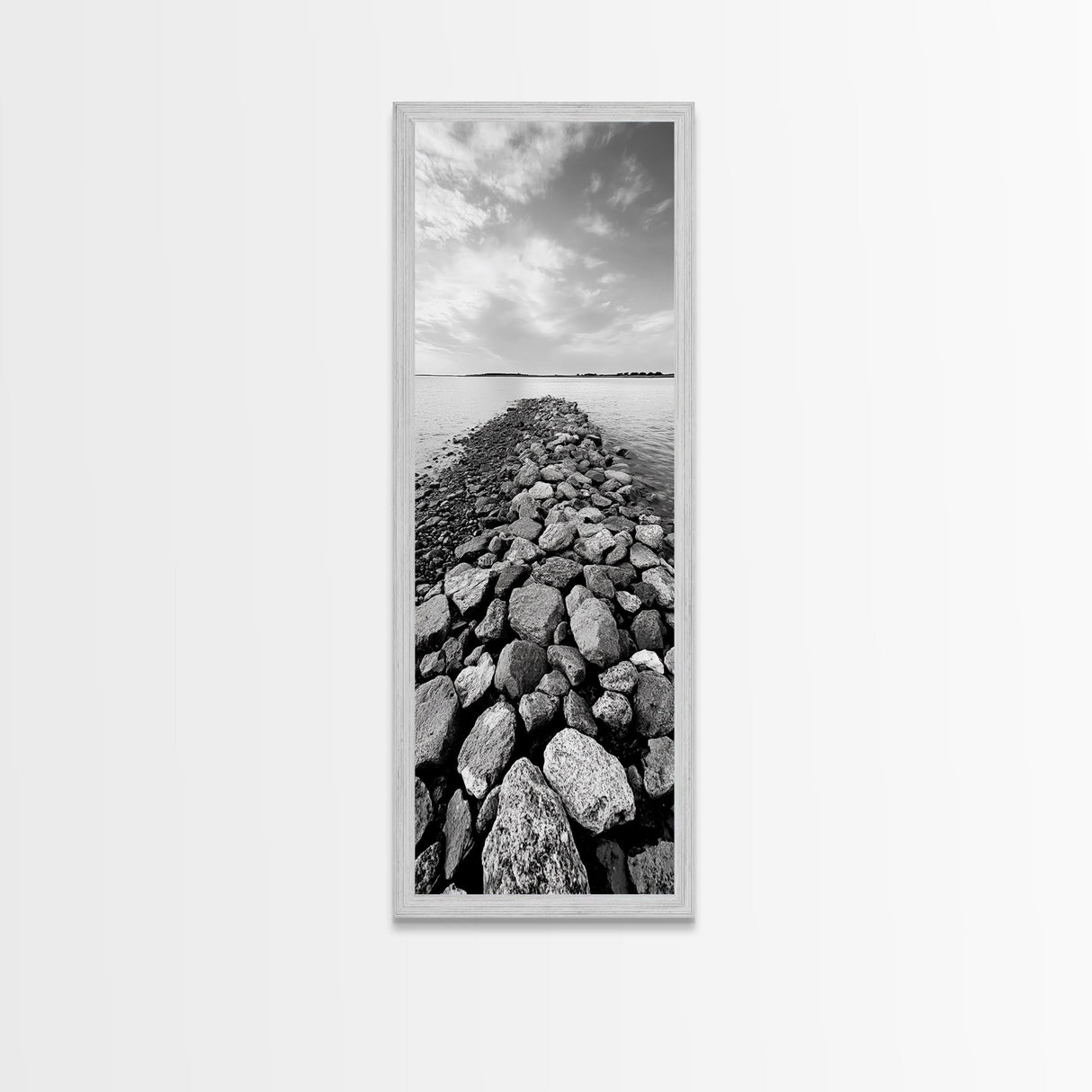 Rocky Jetty, Ocean Horizon, Black and White Seascape, Minimalist Nature, Canvas Print, Neutral Wall Decor, Office Wall Art, Hallway Decor