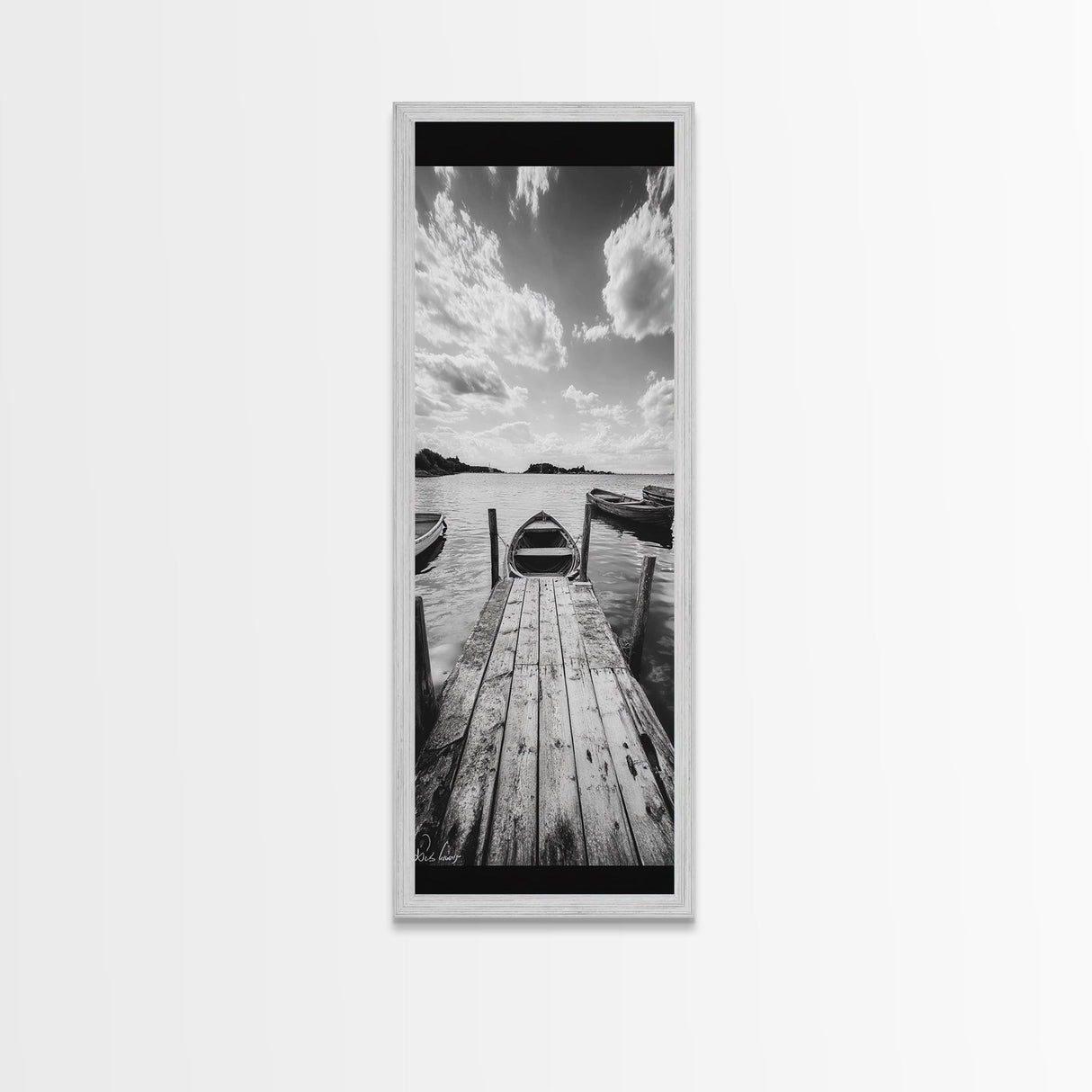 Docked Rowboat, Calm Waters, Rustic Pier, Serene Lake View, Framed Canvas Print, Black and White Coastal Art, Bedroom Wall Decor