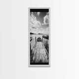 Docked Rowboat, Calm Waters, Rustic Pier, Serene Lake View, Framed Canvas Print, Black and White Coastal Art, Bedroom Wall Decor