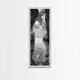 Ocean Cave, Tranquil Waters, Cloudy Sky, Coastal Wall Art, Canvas Print, Black and White Nature Decor, Modern Beach House Wall Art