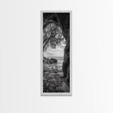 Cave View, Coastal Tree, Ocean Horizon, Black and White Landscape, Canvas Print, Rustic Seaside Art, Living Room Art, Entry Wall Decor