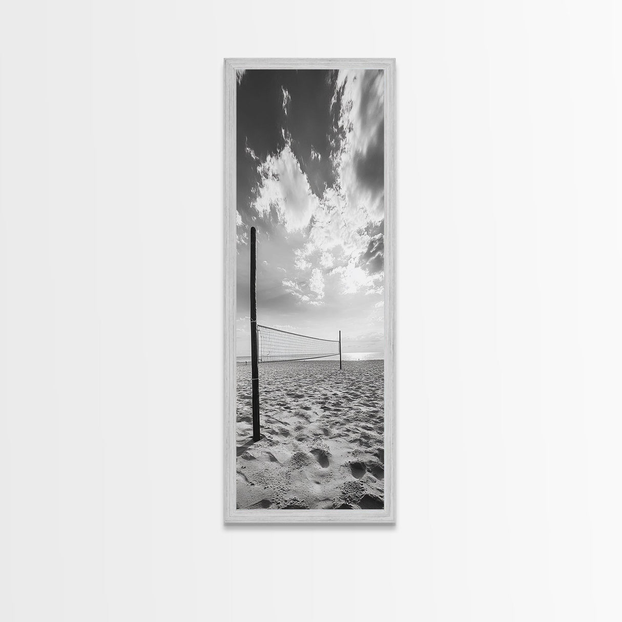 Beach Volleyball, Sandy Court, Summer Games, Ocean Sky, Active Lifestyle, Framed Canvas Print, Game Room Wall Art, Sporty Coastal Art