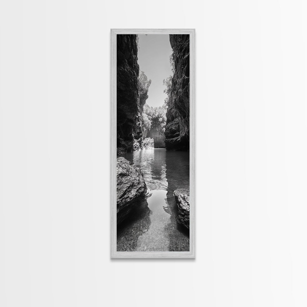 Cliff Canyon, Tranquil Water, Forest Reflection, Natural Pool, Framed Canvas Print, Black and White Nature Art, Spa Print, Hallway Decor