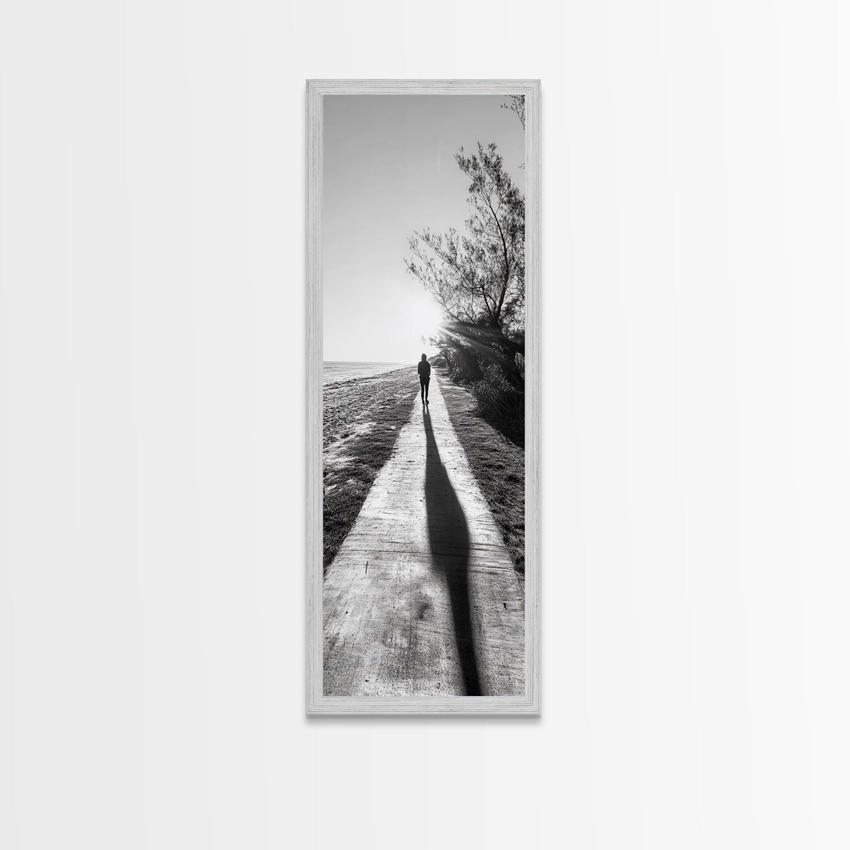Walkway Shadows, Coastal Path, Minimalist Silhouette, Black and White Art, Framed Canvas Print, Hallway Decor, Calm Modern Wall Art