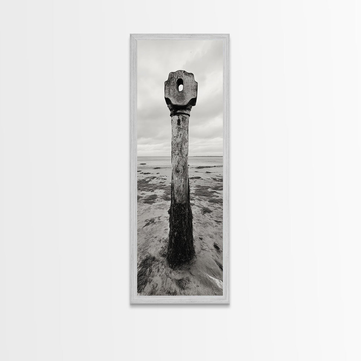 Driftwood Totem, Coastal Pillar, Ocean Beach Monochrome, Framed Canvas Print, Rustic Wall Art, Boho Bedroom Decor, Nature Photography