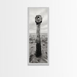 Driftwood Totem, Coastal Pillar, Ocean Beach Monochrome, Framed Canvas Print, Rustic Wall Art, Boho Bedroom Decor, Nature Photography