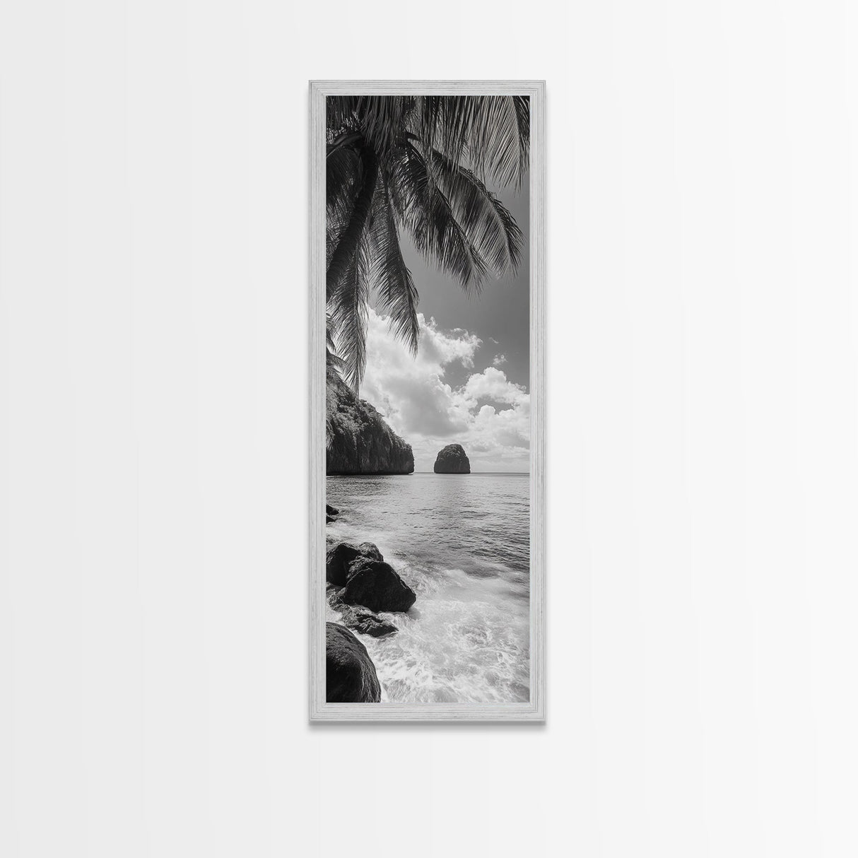Island View, Palm Shoreline, Tropical Escape, Framed Canvas Print, Beach House Wall Art, Coastal Summer Decor, Zen Ocean Aesthetic