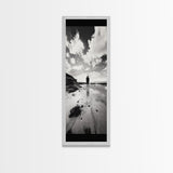 Lone Beach Walker, Dramatic Sky, Ocean Reflections, Solitude Moment, Framed Canvas Print, Hallway Wall Art, Moody Minimalist Decor
