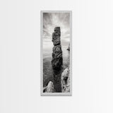 Coastal Rock, Ocean Tower, Nature Photography, Framed Canvas Print, Minimalist Wall Decor, Living Room Wall Art, Black and White Seascape