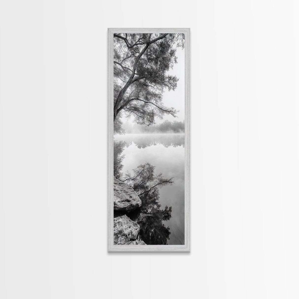 Misty Lake, Tree Reflection, Tranquil Morning, Framed Canvas Print, Bedroom Wall Art, Serene Nature Photography, Minimalist Art Style