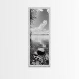 Peaceful Lake, Cloud Reflection, Shoreline Stones, Framed Canvas Print, Guest Room Wall Art, Nature Inspired Decor, Minimalist Landscape