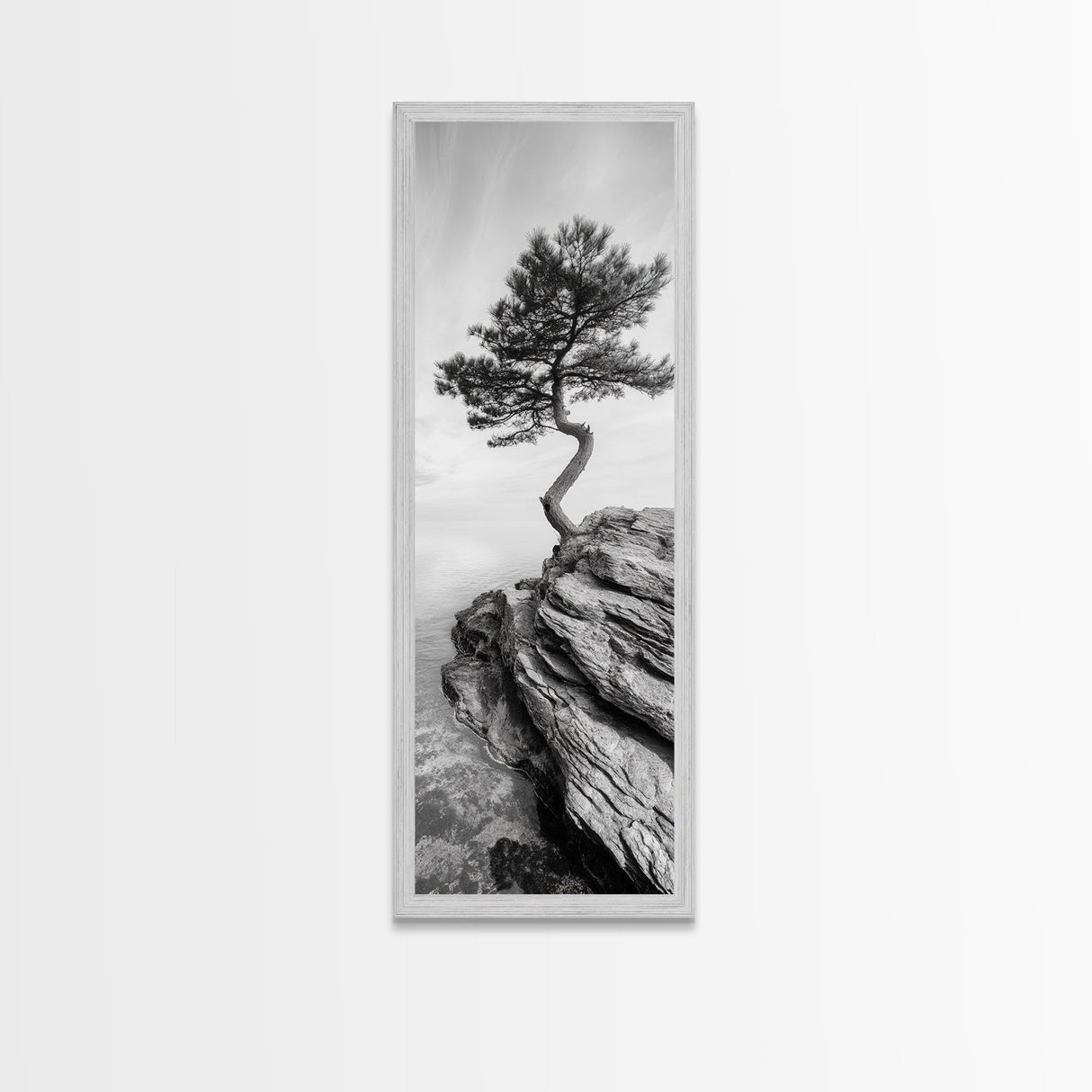 Lone Pine Tree, Minimal Nature, Tranquil Cliff Scene, Zen Forest Print, Framed Canvas Print, Japandi Wall Art, Entryway Tree Print, Nature Minimalism