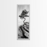 Lone Pine Tree, Minimal Nature, Tranquil Cliff Scene, Zen Forest Print, Framed Canvas Print, Japandi Wall Art, Entryway Tree Print, Nature Minimalism